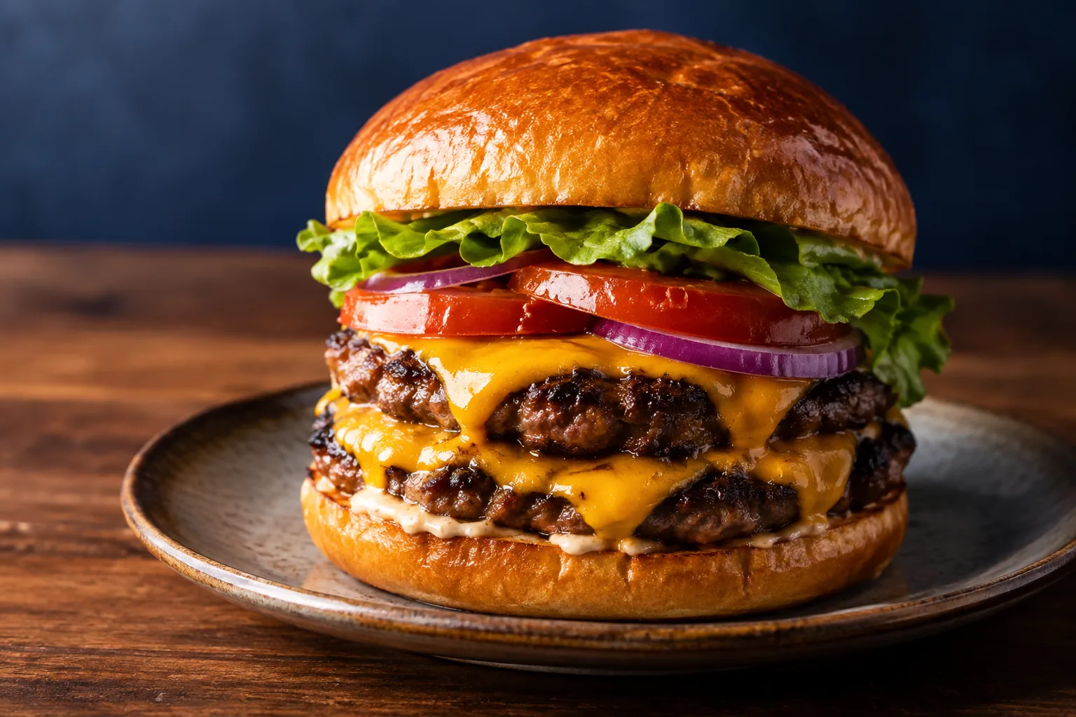 A double cheeseburger with crisp lettuce, tomato and a toasted bun